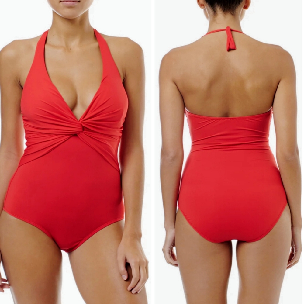 Melissa Odabash Zanzibar Red Halterneck Ruched Knot One Piece Swimsuit Size 6